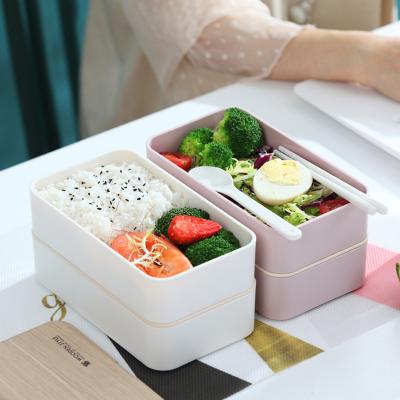 China 2021 Microwavable Hot Sale Japanese Style Salad Bento Box 2 Layers Lid Bamboo Lunch Box Compartments With Cutlery for sale