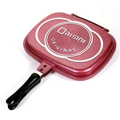 China Gas Cooker Grill Double Pan Non-Stick Red Color Aluminum Alloy Grill Pan Kitchen Cookware With Bakelite Side Handle for sale