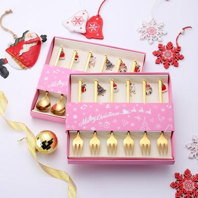 China Sustainable New Year Stainless Steel Merry Christmas Spoon Fork Coffee Tea Spoon Set for sale