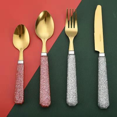 China Custom Logo Plastic Handle Stainless Steel Disposable Luxury Reusable Cutlery Set Spoon Knife Fork Set For Camping Tableware for sale