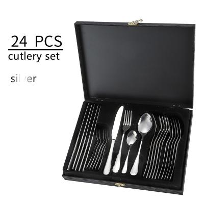 China New Viable Shiny Wooden Box Metal 24pcs Custom Cutlery Set Polish Mirror Stainless Steel Gold Flatware Spoon Fork Knife for sale