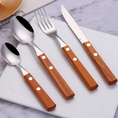 China Retro Eco-Friendly Sustainable 304 Stainless Steel Wooden Handle Cutlery Set Restaurant Hotel Spoon Fork Flatware Set with Wooden Handle for sale