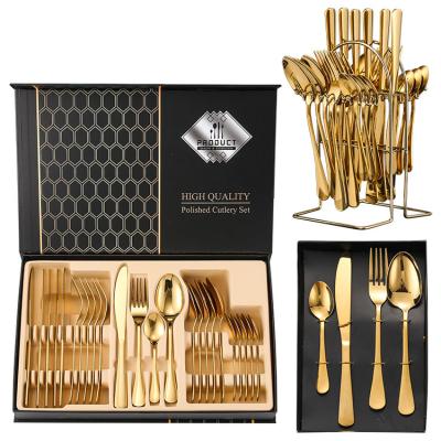 China Amazon Viable Polish Mirror Flatware Set 24pcs Cutlery Set Gold Stainless Steel Silverware Set With Box for sale