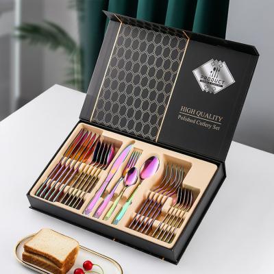 China Best Selling Luxury Viable Amazon Gold Stainless Steel 24 Pieces Cutlery Sets Flatware Spoon Fork Knife With Gift Box for sale