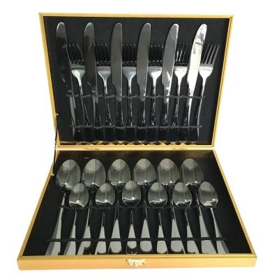 China Sustainable High Quality Portable 24Pcs Stainless Steel Cutlery Set With Wooden Box for sale