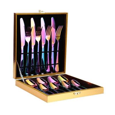 China Sustainable New Fashion Environmental Travel Cutlery Set Cutlery Stainless Steel Wooden Box 16pcs for sale