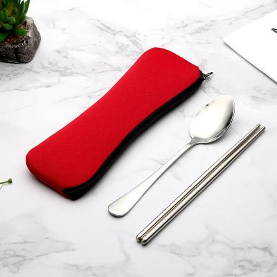 China 3pcs Stainless Steel High Quality Sustainable Flatware Travel Gift Tableware Spoon Fork Chopsticks Outdoor Cutlery Set With Cloth Bag for sale