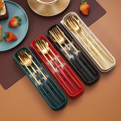 China Portable Portugal Style Stainless Steel 3pcs Spoon Fork Gold Chopsticks Travel School Raising Cutlery Sets Case Box for sale