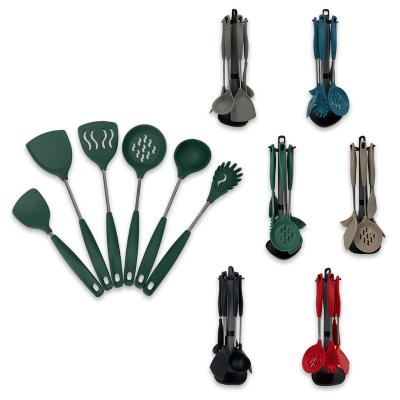 China Viable Ware Accessories Kitchen Spatula Spoon Cookware Heat Resistant Silicone 6 Piece Utensil Set Set With Storage Rack for sale