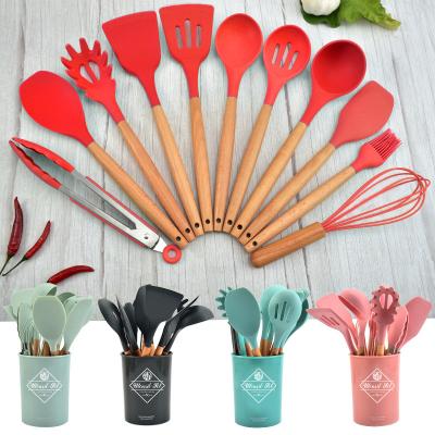 China Sustainable 12 Pieces In 1 Set Kitchen Tools Silicone Accessories Cooking Tools Silicone Kitchen Utensils With Wooden Handles for sale