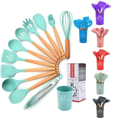 China Amazon Silicone Cookware Sustainable Hot-selling Running Wooden Handle Cooking Tool 12 Pieces Kitchen Accessories Tableware Set for sale