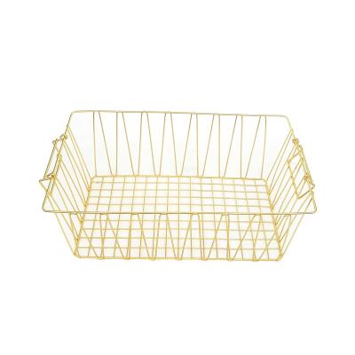 China Sustainable Household Gold Coating Rectangle Metal Wire Storage Basket With Handle for sale