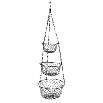 China Black Hanging Metal Wire Mesh Fruit Basket 3 Tier Sustainable Kitchen Storage for sale