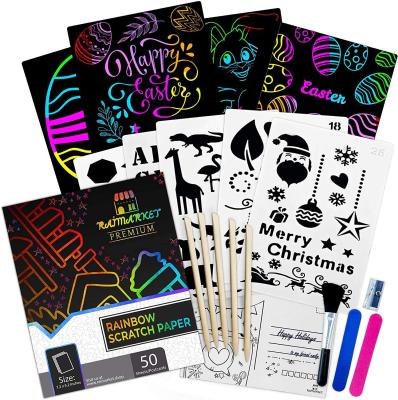 China Rainbow Scratch Paper Sets with Drawing Stick, Scratching Arts, Baby Playing Toys 4 x 5.5