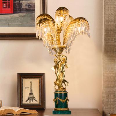 China Elegant French Style Full Base Desk Light Copper Green Marble Bedside Led Brass Crystal Table Lamp for sale