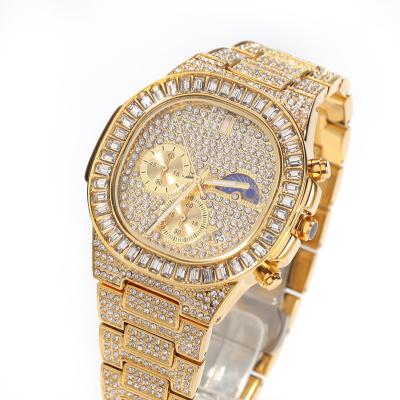 China Custom auto date diamond iced out mens crystal bling watches quartz hip hop rose gold plated black stone for sale