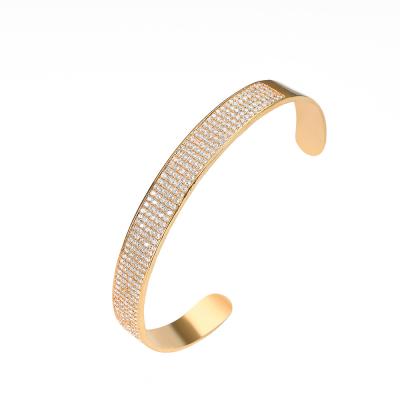 China Trendy Fashion Iced Out Cubic Zircon Diamond Open Cuff Bangle Gold Plating Brass Men's Hiphop CZ Cuff Bracelet for sale