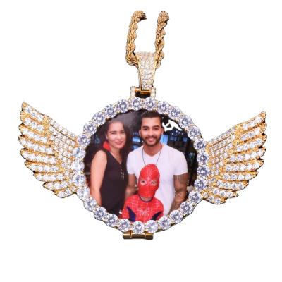 China TRENDY Photo Necklace For Men Outline Angel Wing Medallion Real Gold Plated Hip Hop Pendant Jewelry for sale