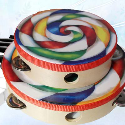 China Early Education Children's Educational Toys Colorful Wooden Shell Handmade Leather Main Tambour with Bell for sale