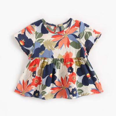 China 2021 Summer Hot Selling Floral Dress Anti-wrinkle Around Neck Cotton Navy Floral Print Baby Dress Japanese New Style for sale