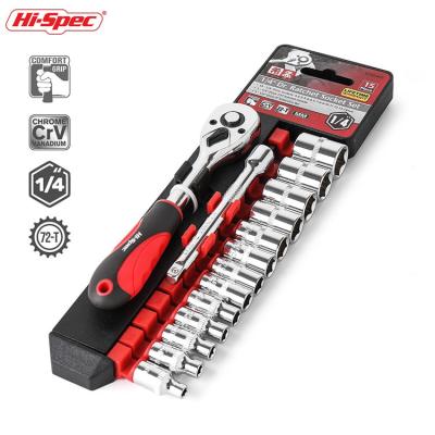 China The Hi-Spec Vanadium Hand Tools Metric Socket. 15pc Automotive 1/4 Socket Set Chrome Set Ratchet Socket Wrench Automotive Tool Kit for sale