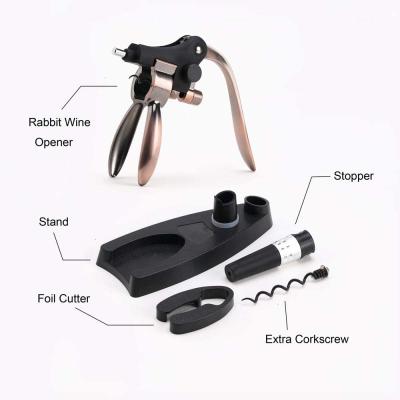 China Viable 4 In 1 Rabbit Wine Opener Set Corkscrew Wine Opener Zinc Alloy Andles With Aluminum Cutter Gift Set for sale