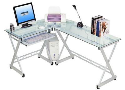 China 7mm Tempered Glass And Wood L shaped Computer Desk For Office White DX-402B for sale