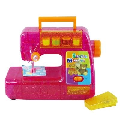 China Battery Operated Pink Transparent Chainstitch Pretend Toy Sewing Machine For Kids With Threads P1867 Different Spool Color for sale