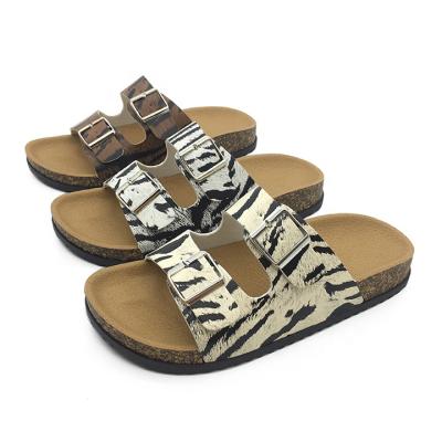 China Fashion Trend Wood Cork Design Soft Footbed Double Buckle Cork Shoes Zebra Animal Slippers Special Slides for sale