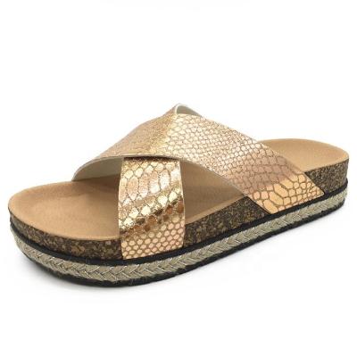 China Fashion Trend 2021 Good Quality Cross Straps Design Shiny Wood Cork Retro Slippers Irregular Snake Slides Sandals For Lady Women for sale