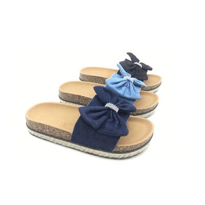 China Fashion Trend New PVC Rhinestone Upper Shoes Cork Sole Slides Slippers Bow Hot Blue Color Summer For Women And Ladies for sale