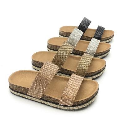 China CUSHIONING New Fashionable Cork Sandals Women Real Rhinestone Slippers Soft-Soled Slides Shoes For Party for sale