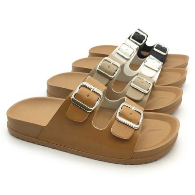 China Fashion Trend Wholesale Seasons Low Moq Shoes Double Buckle Women Pure Color Slides Female Flat Slippers For Daily Walking for sale