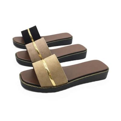 China Fashion Trend Unique Japanese Statistical Ins Shoes Japanese Stylish Hot Shoes Gold Strip Brown Color Slides for sale