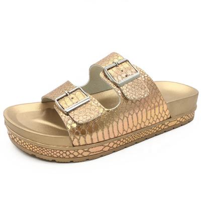 China Fashion Trend Classic Fashion Design New Metal Buckle Shiny Two Slippers Beach Summer For Women Slips Slippers for sale