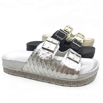 China Hot-selling metal upper ladies slippers PU popular fashion trend shoes color slide sandals with buckles straps for sale