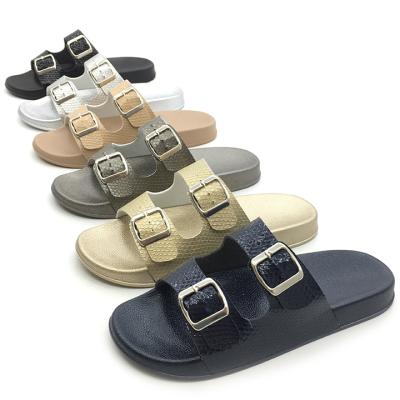 China Hot-selling Lightweight Metal Upper Slippers Ladies PU Popular Shoes Color Slide Sandals With Buckles Straps for sale