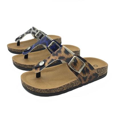 China 2021 New Design Flat Heel Flat Shoes Animal Slippers Cork Buckle Flip Flops Outdoor Leopard Sandals for sale