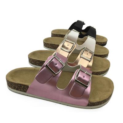 China 2021 Lastest Design PU Two Metal Flat Buckle Slides Slippers For Cork Sole Children Kids Slippers for sale