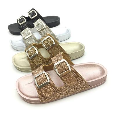 China Lightweight Hot Sale Customized Girls Slippers Blingbling Diamond Summer Beach Outdoor Two Square Buckle Kids Chlidren Slippers for sale