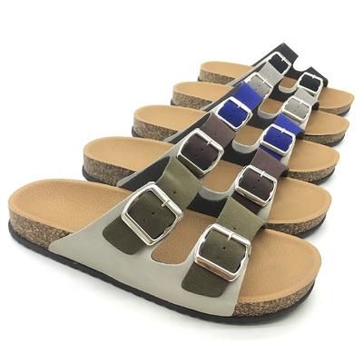 China 2021 New Latest Fashion Trend Men's Double Buckle Pu Leather Cork Sole Beach Slipper Sandals For Adult for sale