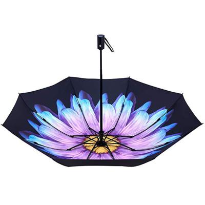 China Reverse Folding Mode 3 Narrow Automatic Open Folding Inverted Umbrella With Flowers for sale