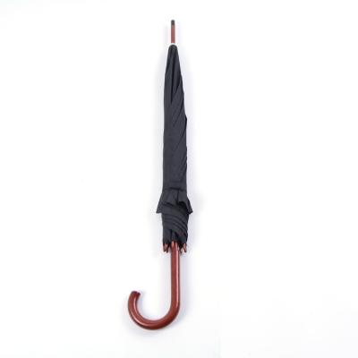 China All In 1 Good Custom Logo Compact Windproof Black Upright Umbrella With Wooded J Handle for sale