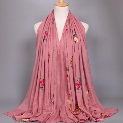 China New Popular Wholesale Chinese Style Embroidered Soft Feeling Flower Scarf Cotton Ladies Embroidered Shawl for sale