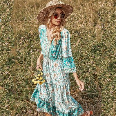 China 2022 Hot Anti-wrinkle Amazon Vintage Bohemian Print V-Neck Button Trim Drawstring Lower Edge Dress Women Sandbeach Vacation Casual Dresses for sale