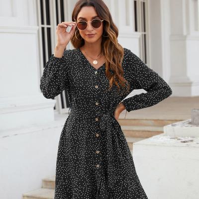 China Factory Hot Selling Anti-Wrinkle Women Long Sleeve Spring Waist V-neck Belt High Polka Dot Dress for sale