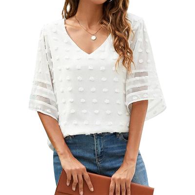 China 2022 Anti-Wrinkle Factory Spring And Lady Flounce Sleeve Swiss Dot Shirts Summer Women Blouse Tops for sale