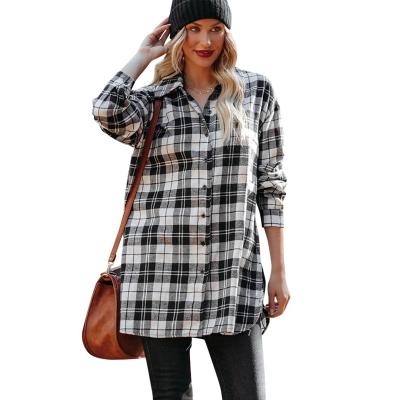 China Anti-pilling 2021 wholesale women fashion plaid cotton coat blouse sexy tops long sleeve ladies blouses for sale