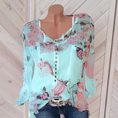 China Anti-pilling 2022 Women's Chiffon Blouse Pink Casual Shirt Fashion Ladies Clothing Floral Chiffon Blouses for sale