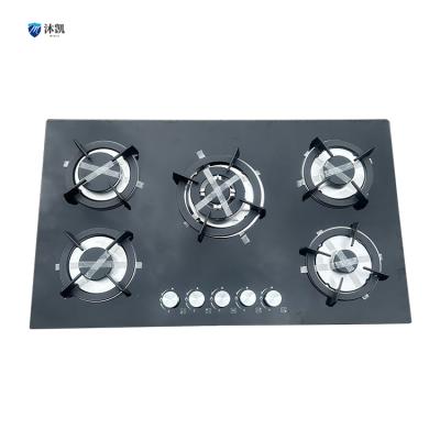 China Hotel Hot Sale Tempered Glass Panel 5 Burner Built-in Gas Stove Kitchen Appliances Black Burner Gas Hob for sale